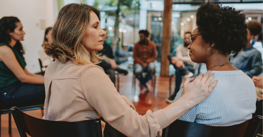 Woman in therapy session experiencing awareness and self-reflection as the first step to change with professional support