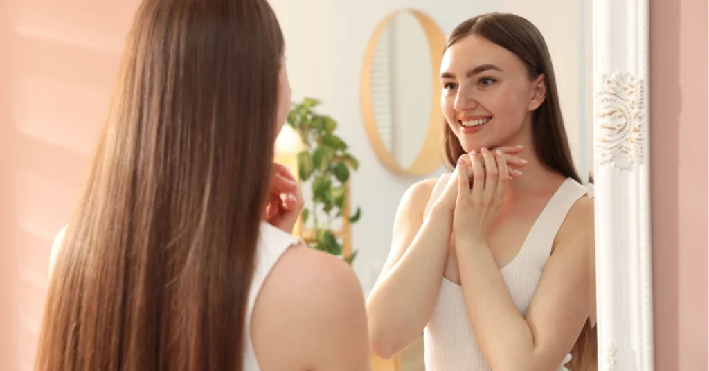 Woman practicing self-awareness and reflection in mirror as first step to personal change and transformation