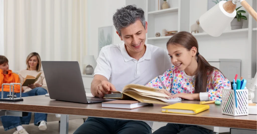 Parents helping children with educational activities at home following psychoeducational testing recommendations and guidance