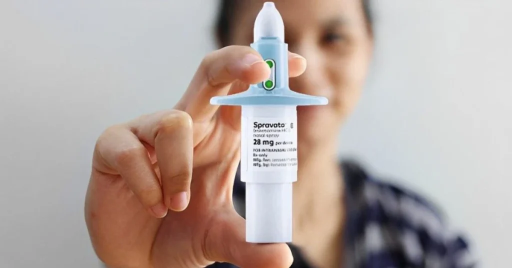A person holding a Spravato (esketamine) 28 mg intranasal spray device, used under medical supervision for treatment-resistant depression.